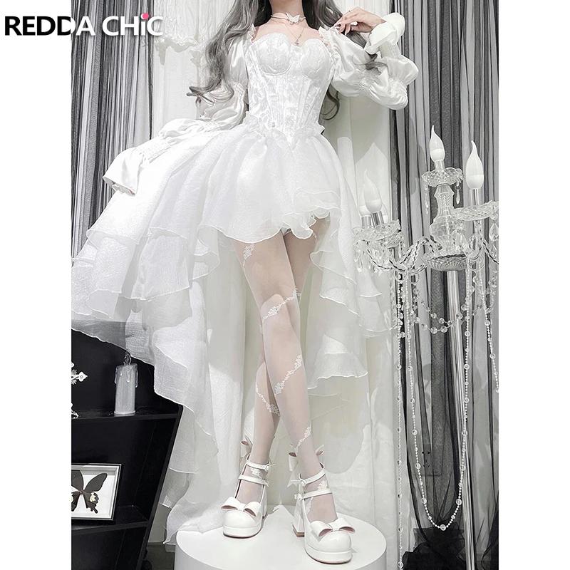 REDDACHiC Robe de soirée princesse pour femmes, broderie florale blanche, manches bouffantes, dos nu