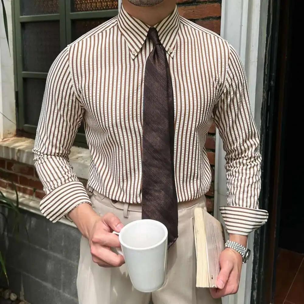 Chemise rayée à manches longues pour hommes, chemise d'affaires décontractée, mince, Seersucker, hau