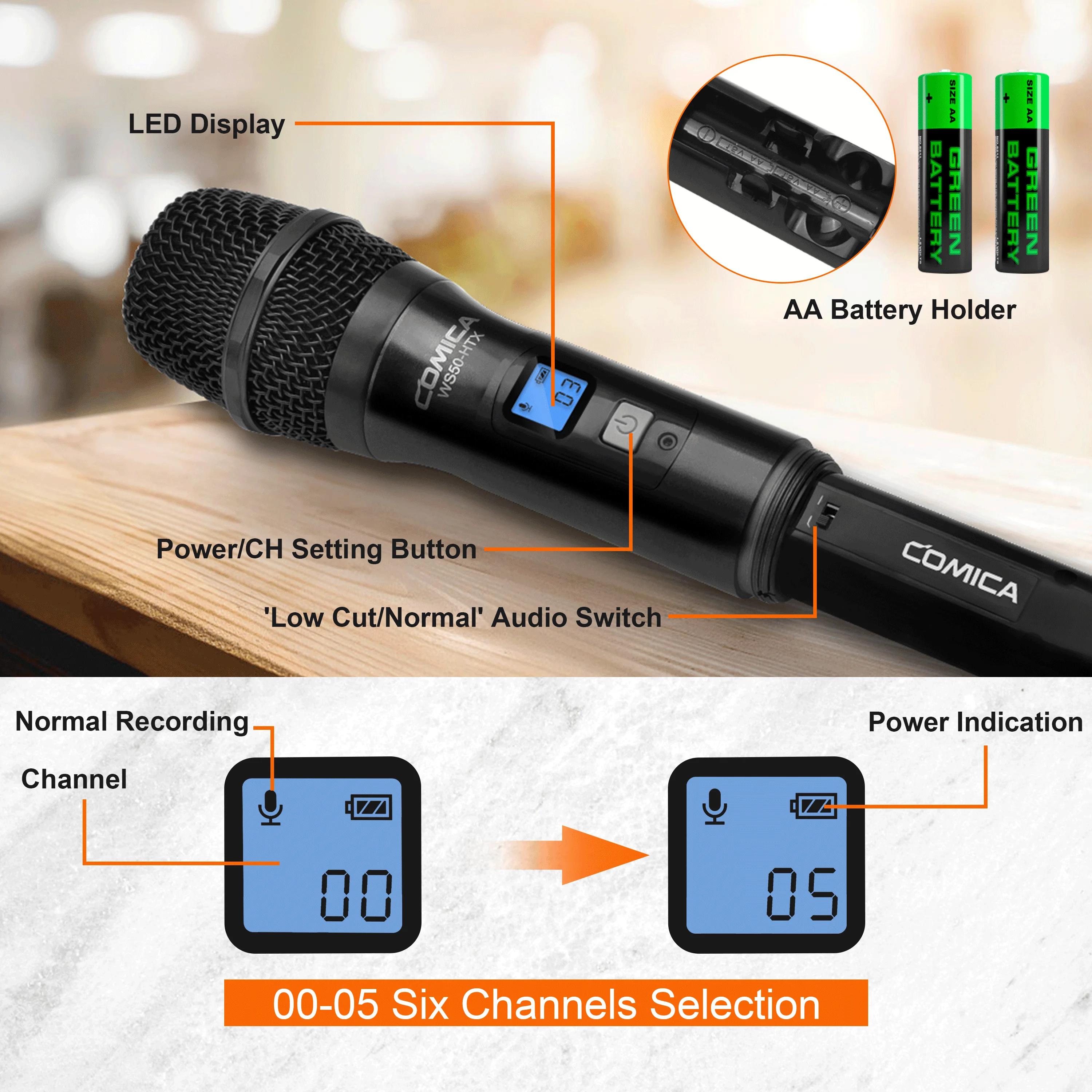 Microphone portable COMICA CVM-WS50H, microphone sans fil UHF, 6 canaux, micro à condensateur pour i