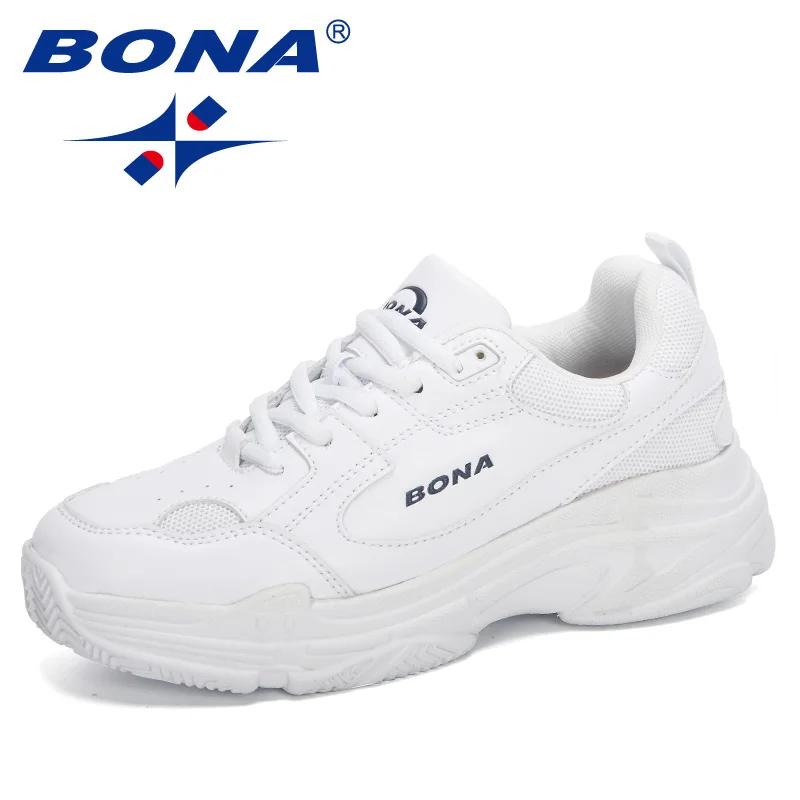 Baskets blanches plates BONA pour femmes - Chaussures décontractées plateforme vulcanisées