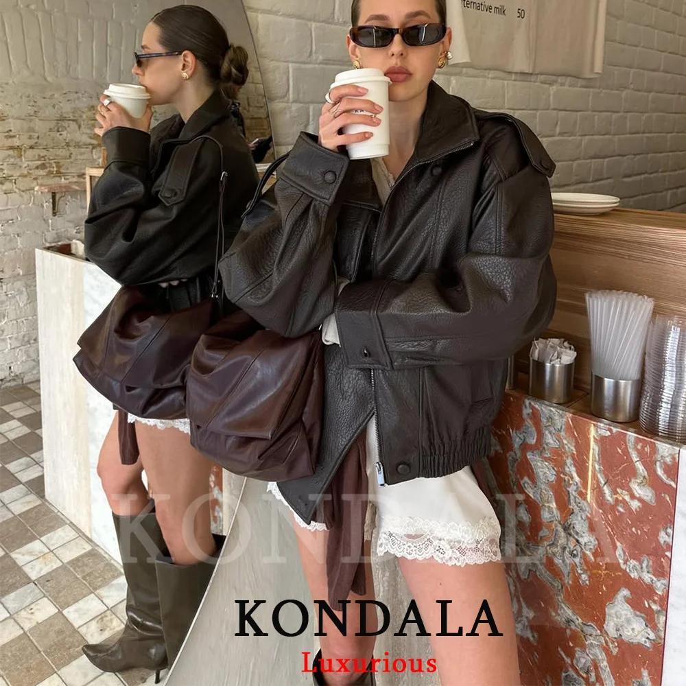 KONDALA décontracté Chic noir en cuir vestes femmes à manches longues boutons élastique surdimension