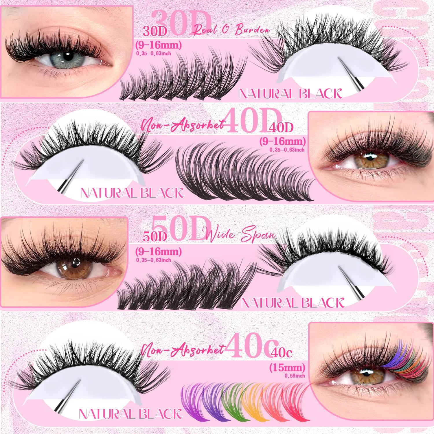 [Cils personnels] Kit d'extension de cils mixtes de couleurs grappes 240/390/600 maquillage faux cil