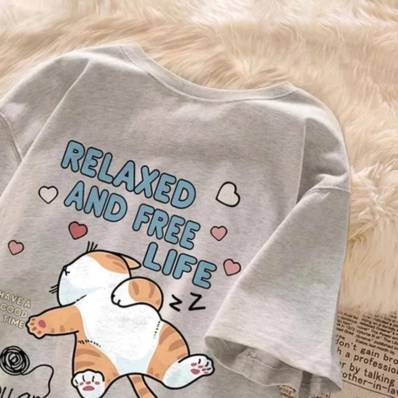 T-shirt à manches courtes pour Couple, ample et décontracté, avec lettres imprimées de chat paresseu