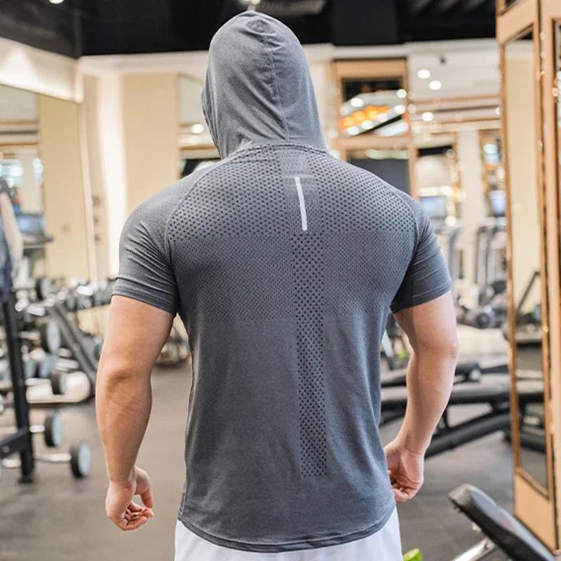Sweat à capuche pour hommes, course à pied, musculation, Sport, manches courtes, vêtements de Fitnes