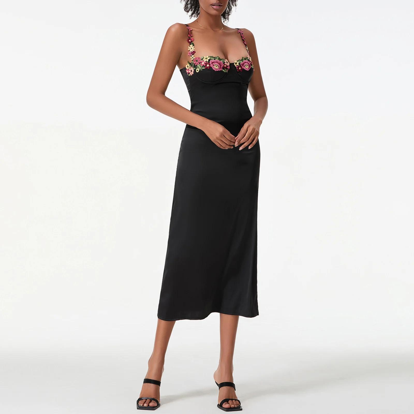Robe de cocktail longue en satin pour femmes, broderie de fleurs, bretelles spaghetti, robe moulante
