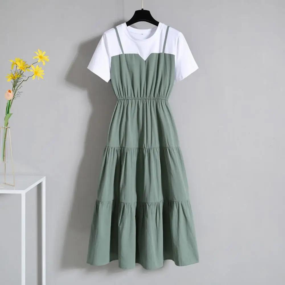 Fausse robe deux pièces à bretelles pour femmes, manches courtes, robe serrée à la taille, mode, été