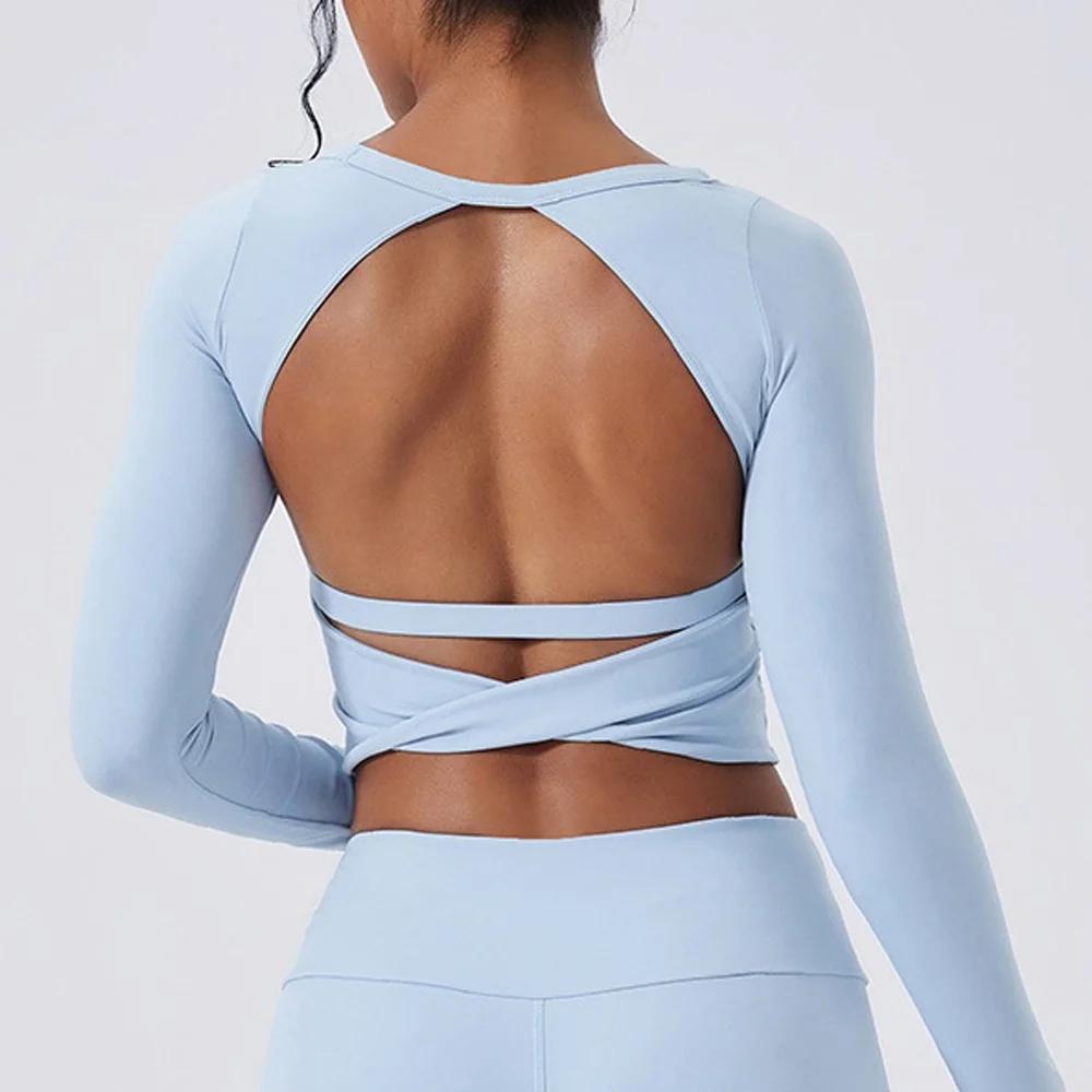 Chemise de yoga Cloud Hide SEXY dos nu gris pour femmes, manches longues, chemisier de Pilates, haut