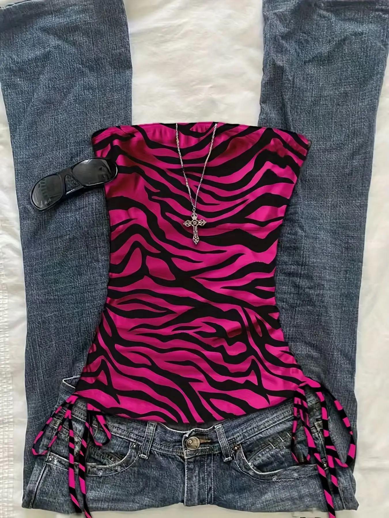 Haut court pour femmes, gilet plissé à lacets imprimé léopard, haut sans manches imprimé zèbre, haut