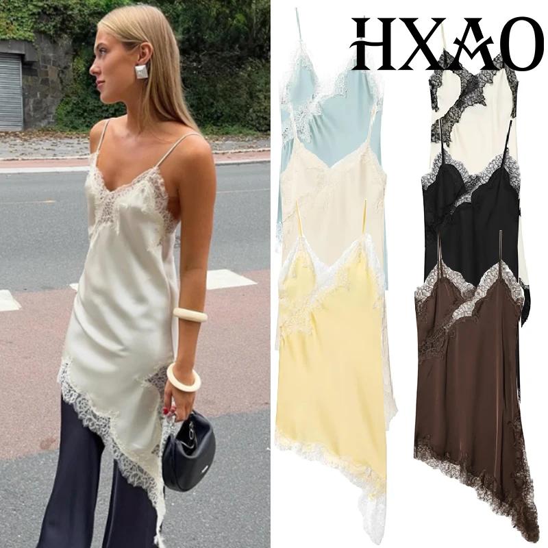 HXAO Slip femmes robes sans manches robe en dentelle noire femme asymétrique robes de soirée élégant