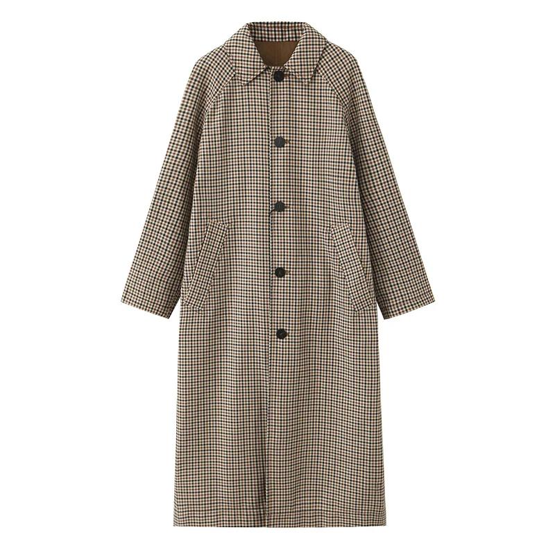Vestes longues à carreaux Double face pour femmes, Trench-Coat à manches longues et simple boutonnag