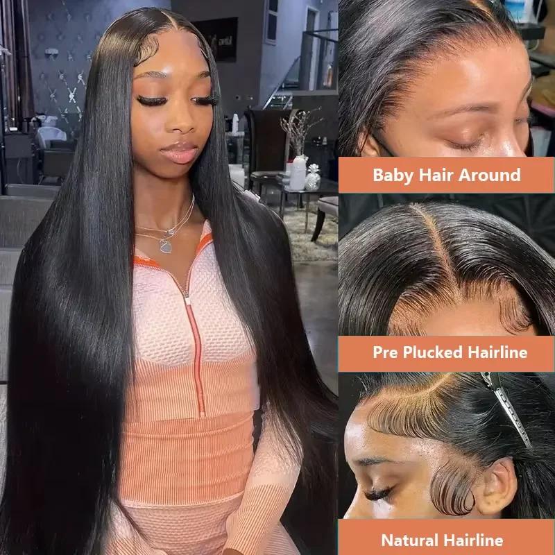 30 pouces naturel noir 360 dentelle avant droite perruques de cheveux humains 360 HD transparent ple
