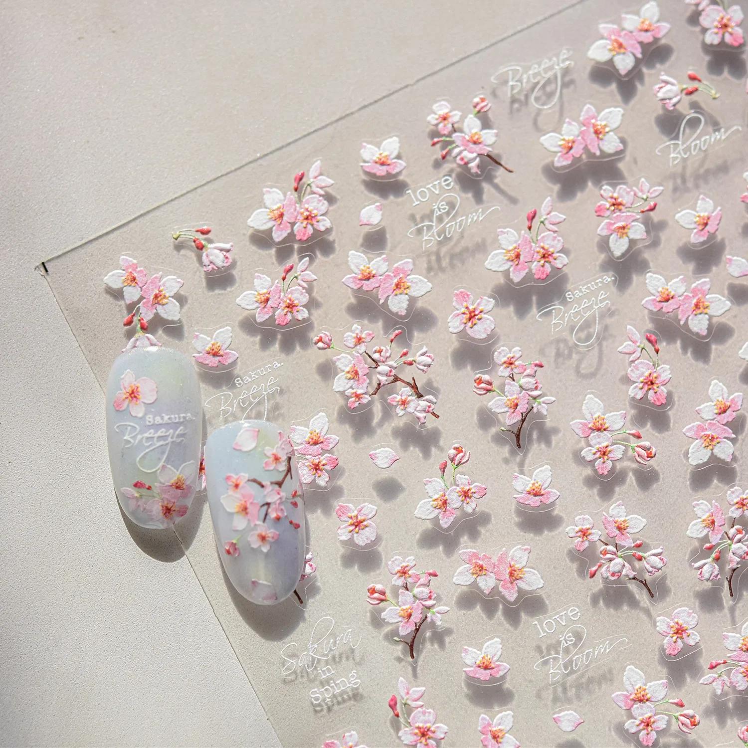 Autocollants 5D en relief pour ongles, motif fleur de cerisier, auto-adhésifs, pour manucure DIY, co