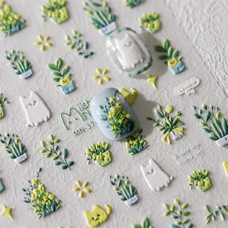 Autocollants pour ongles, 1 pièce, joli chat vert, plante en pot, fleurs, Reliefs 5D, autocollants a