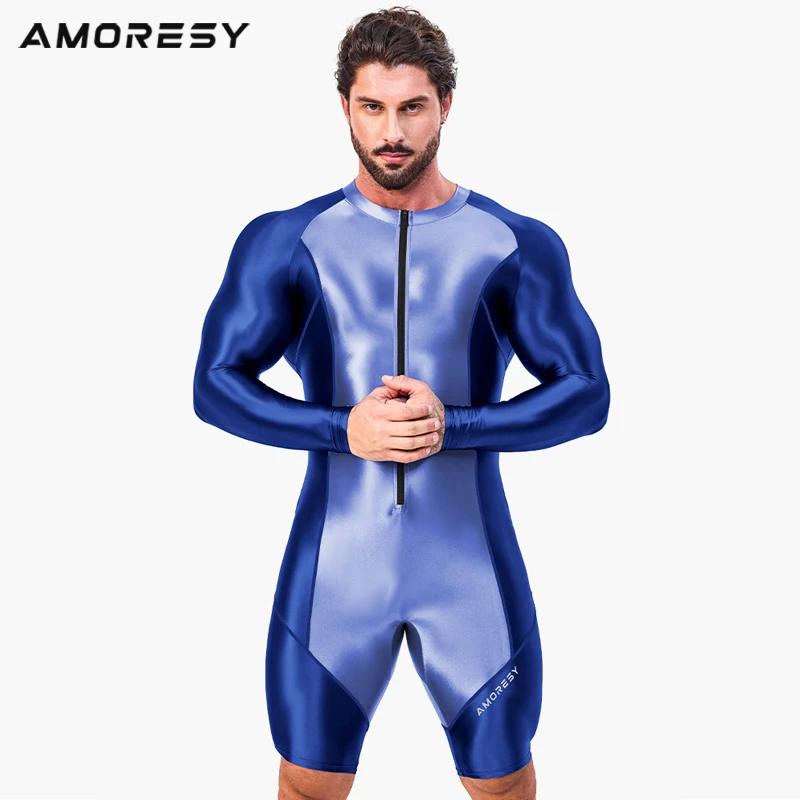 AMORESY hommes brillant avant fermeture éclair une pièce à manches longues collants Spandex maillot 