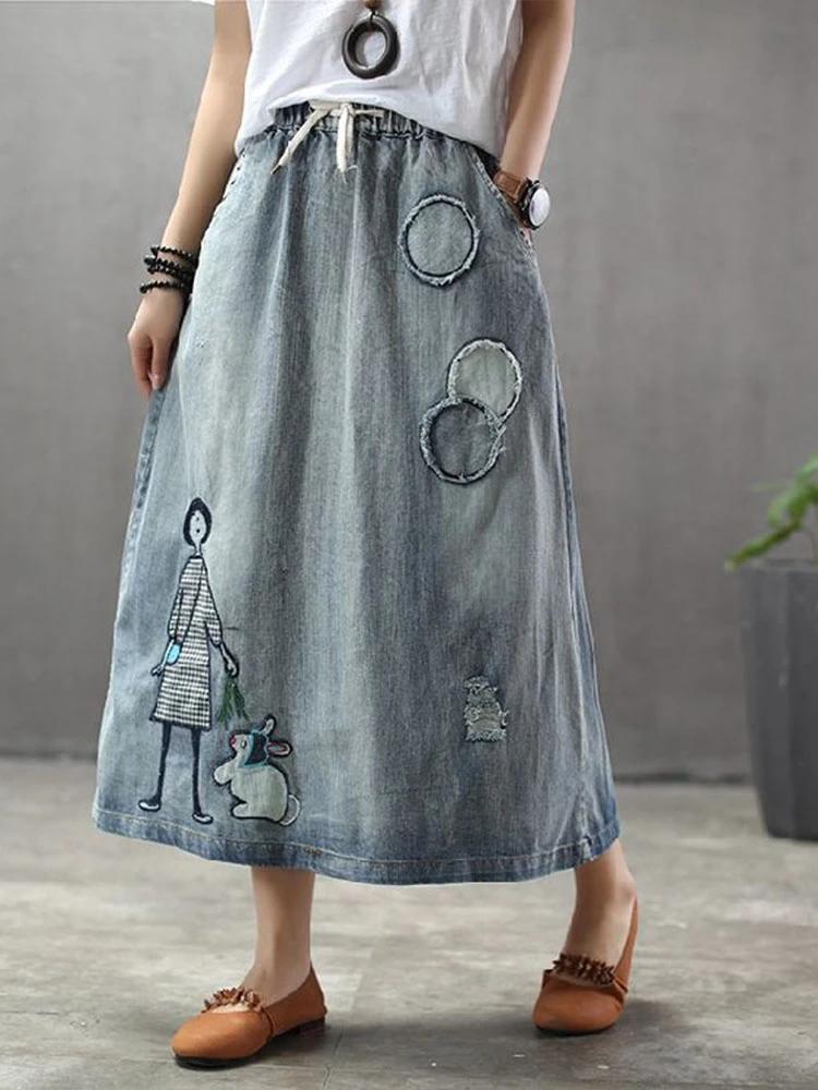 Amax luluE mode coréenne Streetwear femmes été classique broderie lâche Denim jupes dames décontract