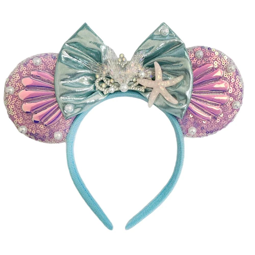 Bandeaux oreilles de Mickey Mouse série sirène pour femmes, accessoires de cheveux de fête, nœuds à 