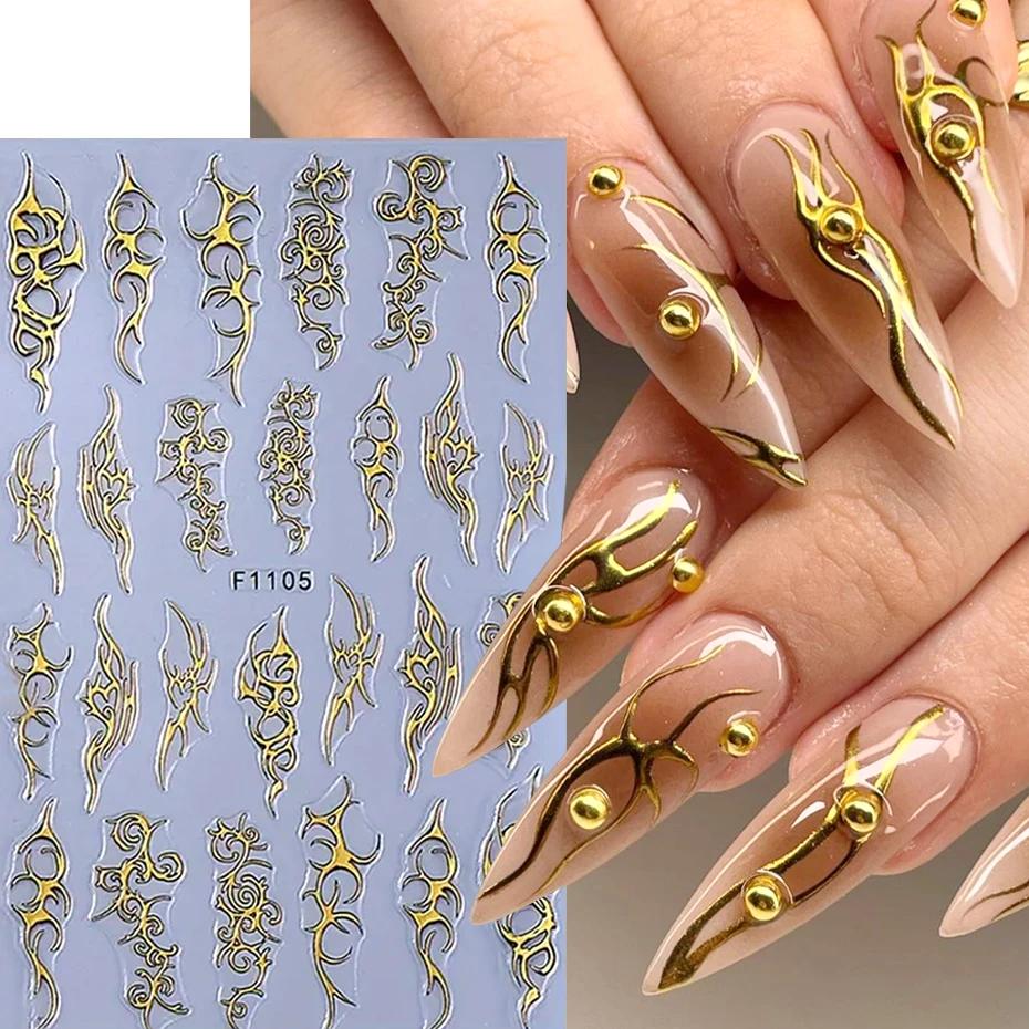 Autocollants métalliques chromés pour Nail Art, 2 pièces, Y2K Punk épines flamme Totem, modèles or a