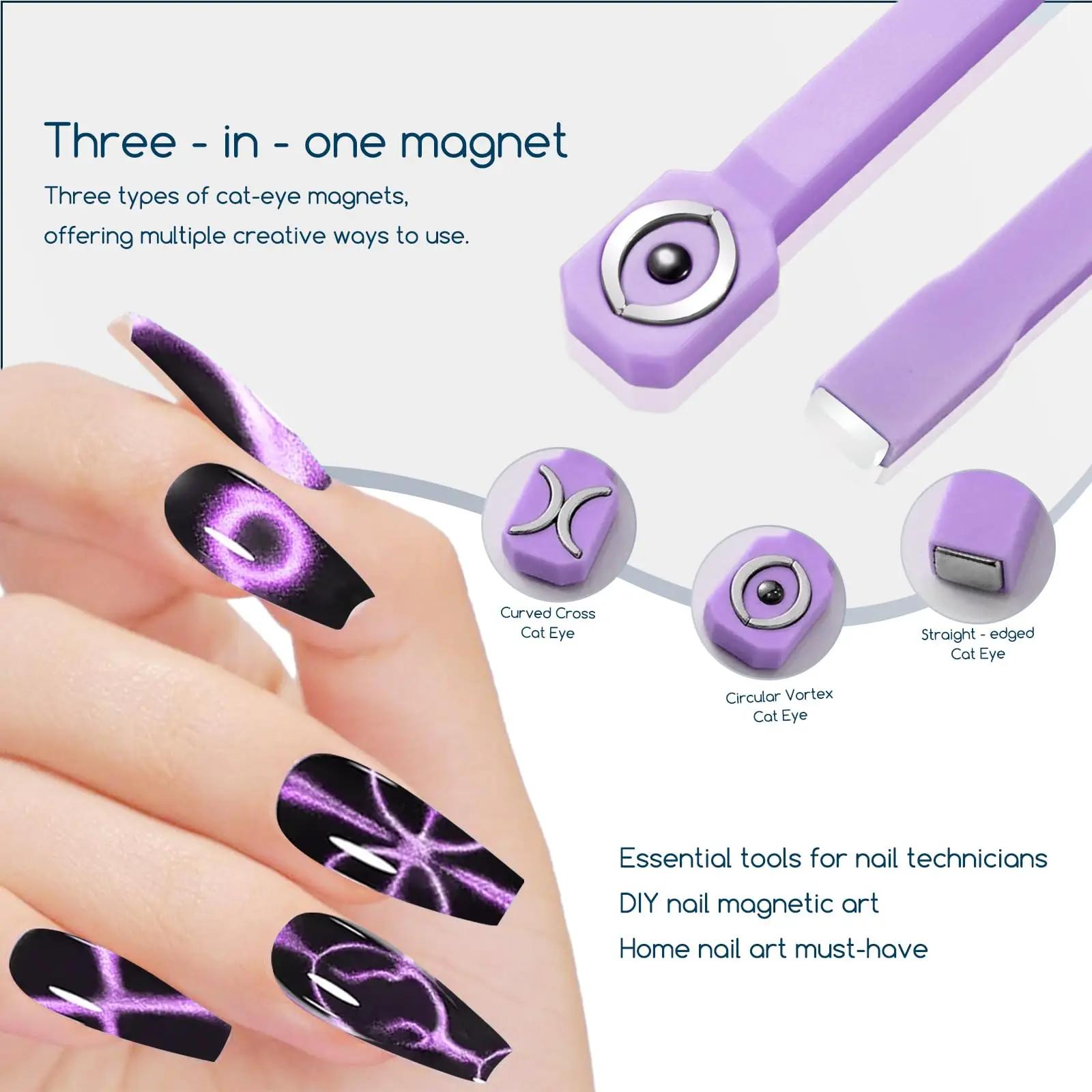 Kit magnétique 3-en-1 pour ongles : stylo magnétique œil de chat, cœur, cylindre, fleur pour nail ar