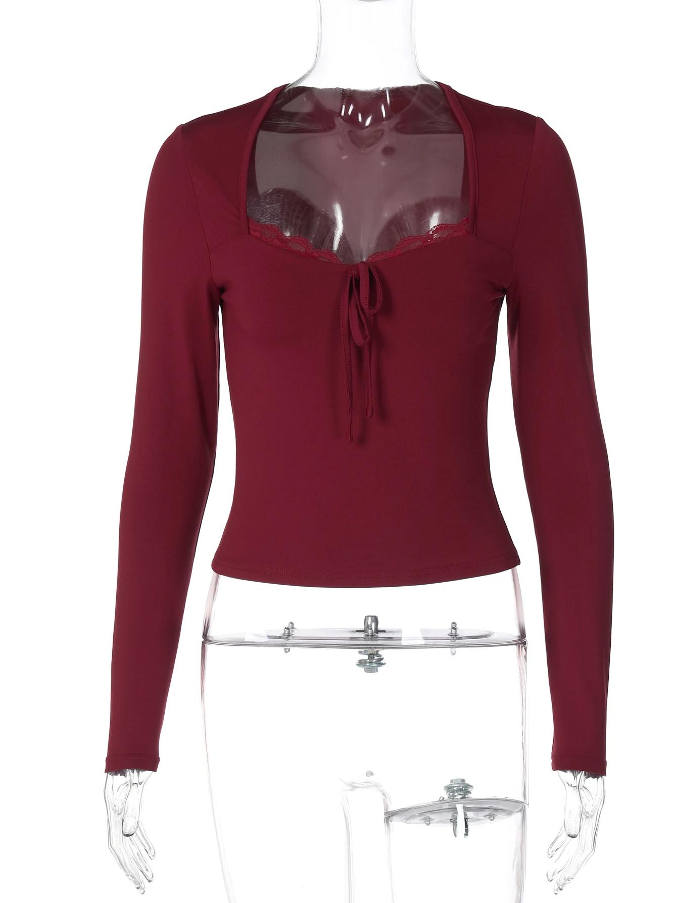 Hugcitar élégant à manches longues solide Patchwork dentelle pansement Sexy culture T-Shirt haut min