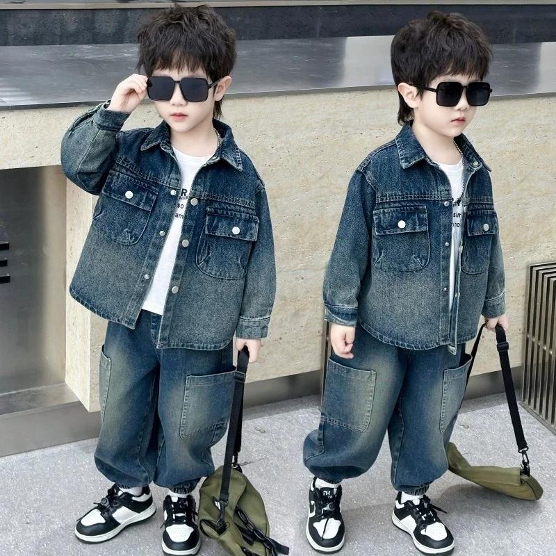Ensemble en jean pour garçons, 2 pièces, vêtements pour enfants, veste en coton tendance, pantalon, 