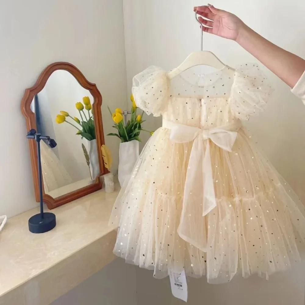 Bear Leader – robe d'été décontractée pour filles, tenue de princesse en maille à paillettes, manche
