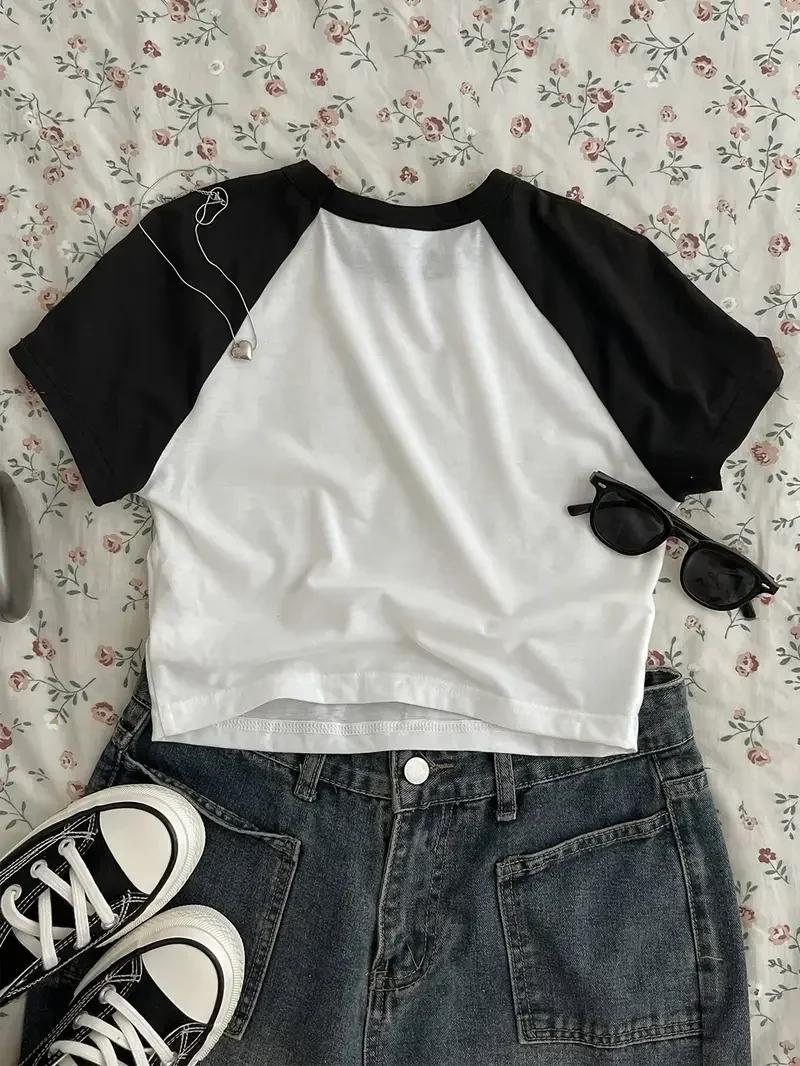 Chat mignon T-shirt imprimé haut court Sexy recadrée à manches courtes col rond T-shirt pour les fem
