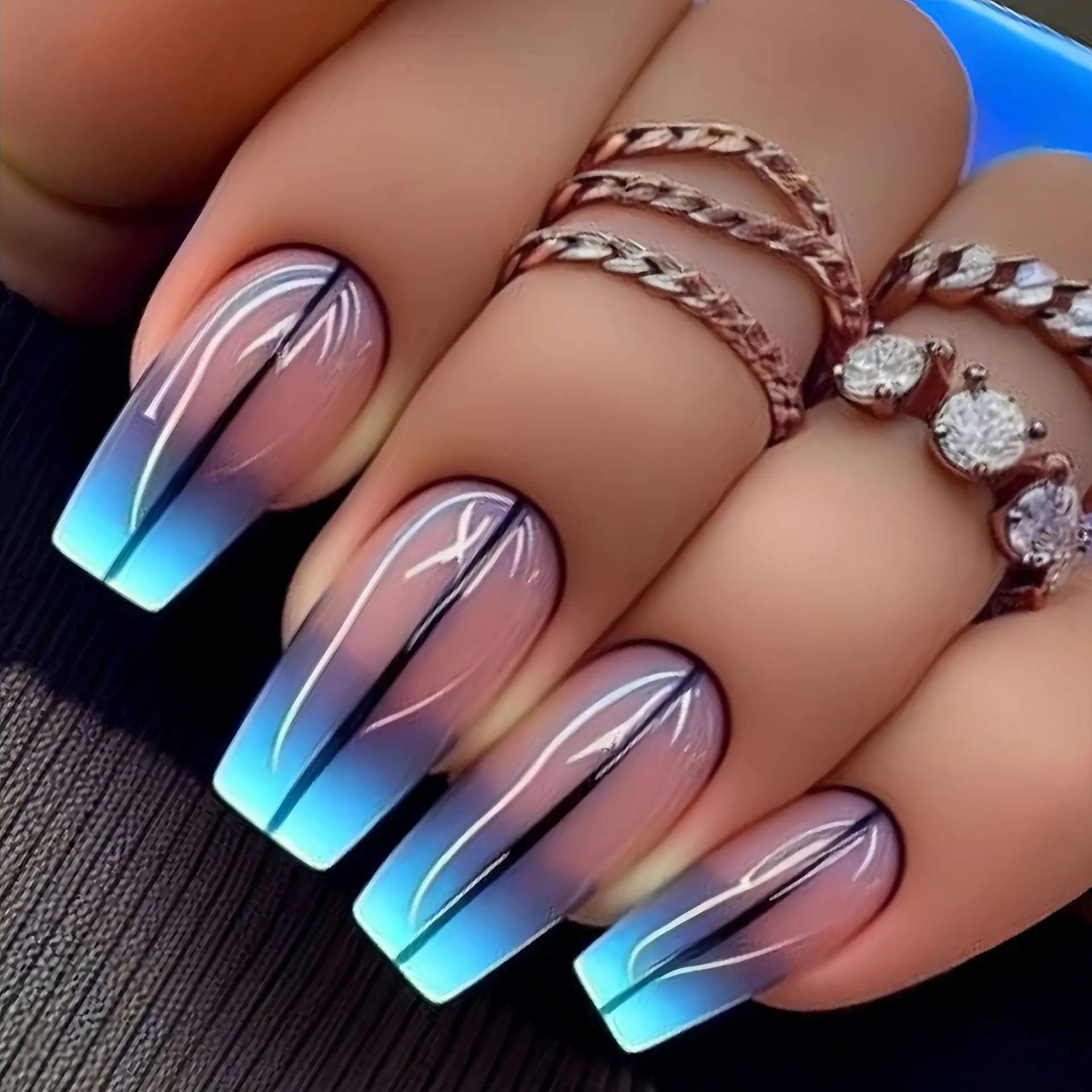 Faux ongles courts, moyens et longs, pointes carrées pour ballet, dégradé, violet, rose, bleu, léopa