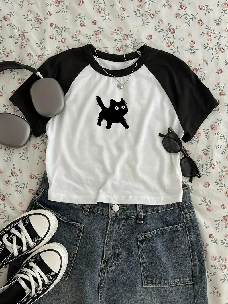 Chat mignon T-shirt imprimé haut court Sexy recadrée à manches courtes col rond T-shirt pour les fem