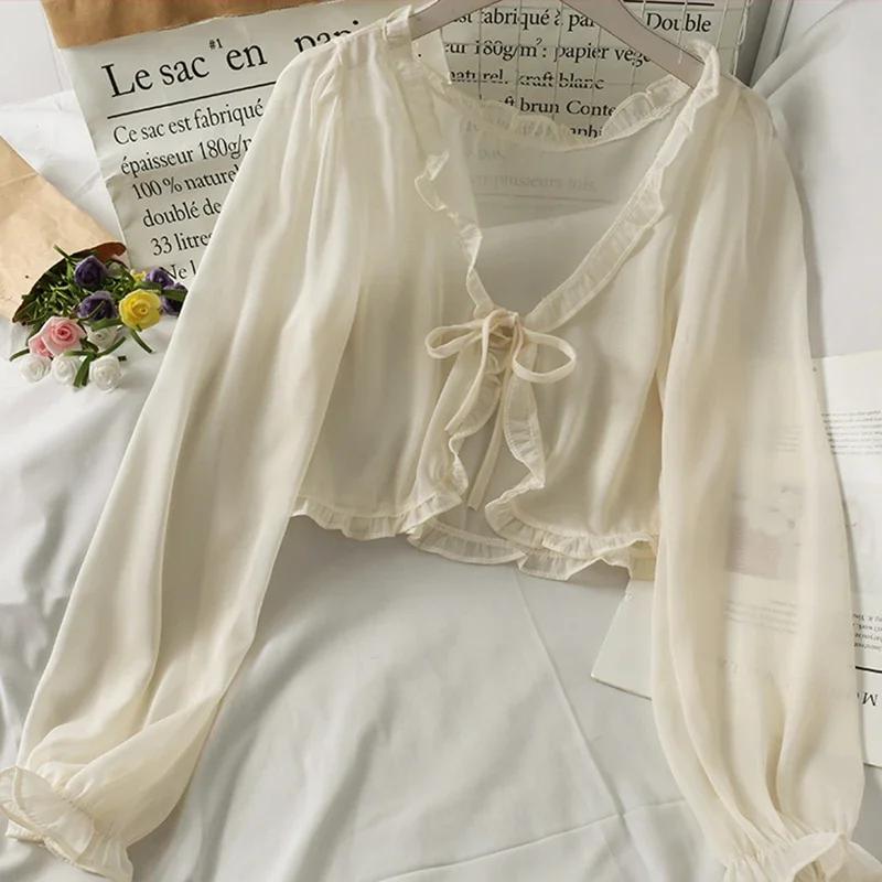 Manches longues mince respirant T-shirts femmes dentelle nœud Cardigan Blouse vêtements volants prot