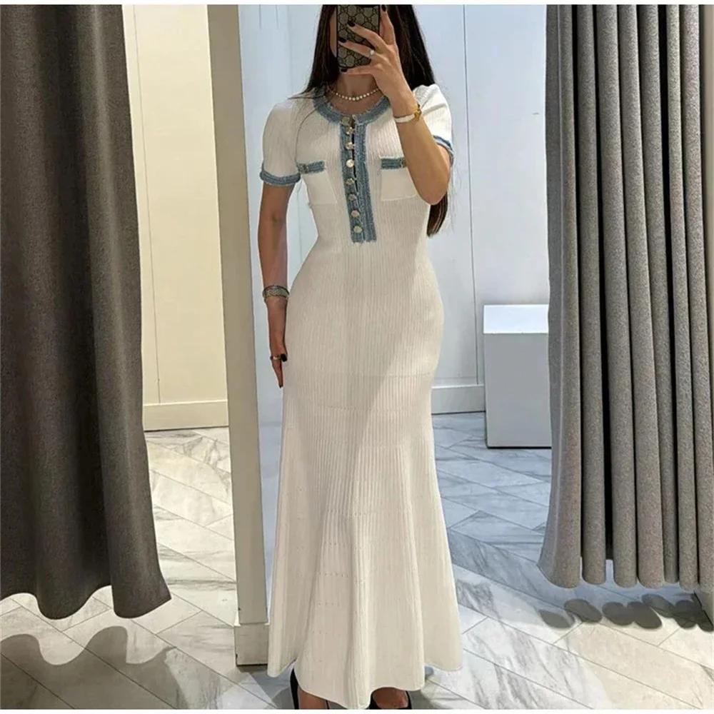 Robe Maxi en tricot pour femmes, élégante, contrastée, Chic, col rond, manches courtes, boutons méta