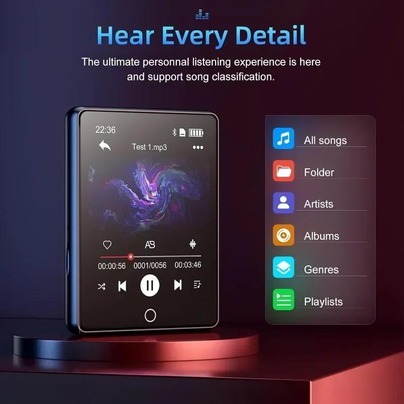 Lecteur MP3 à écran tactile, Bluetooth 2.8, lecteur de musique HiFi avec haut-parleur, radio FM, enr