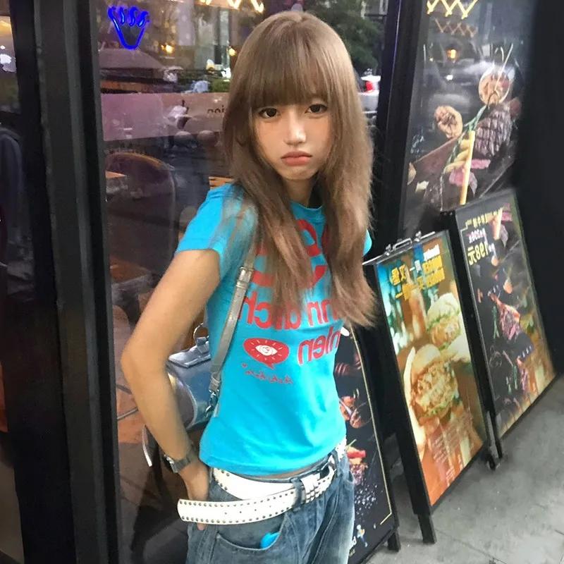 Karrram japonais Y2k lettre impression T-shirt Trashy 2000s Style haut court Vintage Harajuku manche