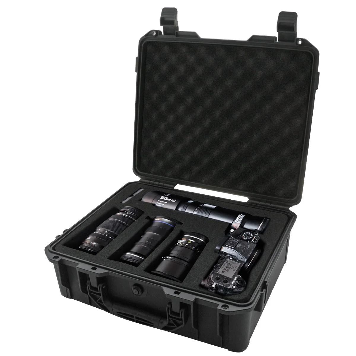 Valise noire étanche et durable pour appareil photo/outils, intérieur en mousse personnalisable, por