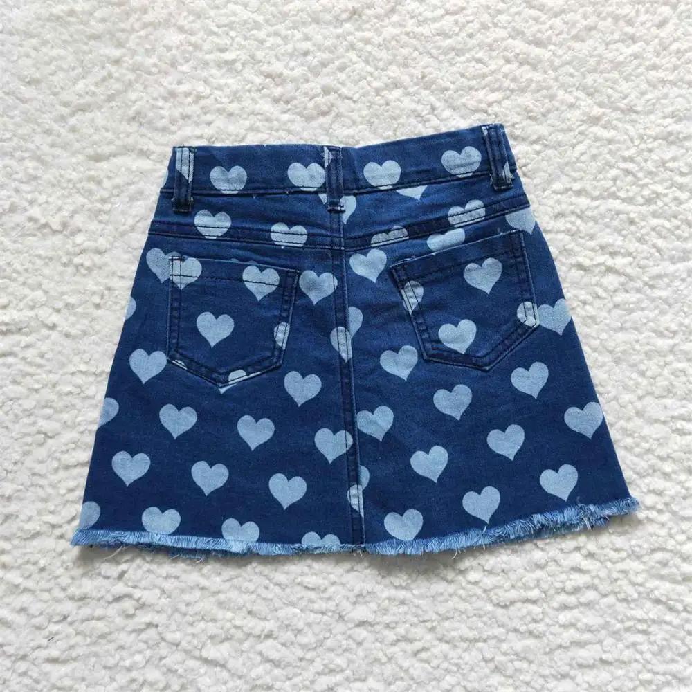 Jupe jean à poches pour enfants, élastique, réglable, amour, bébé fille, été, fermeture éclair, bleu