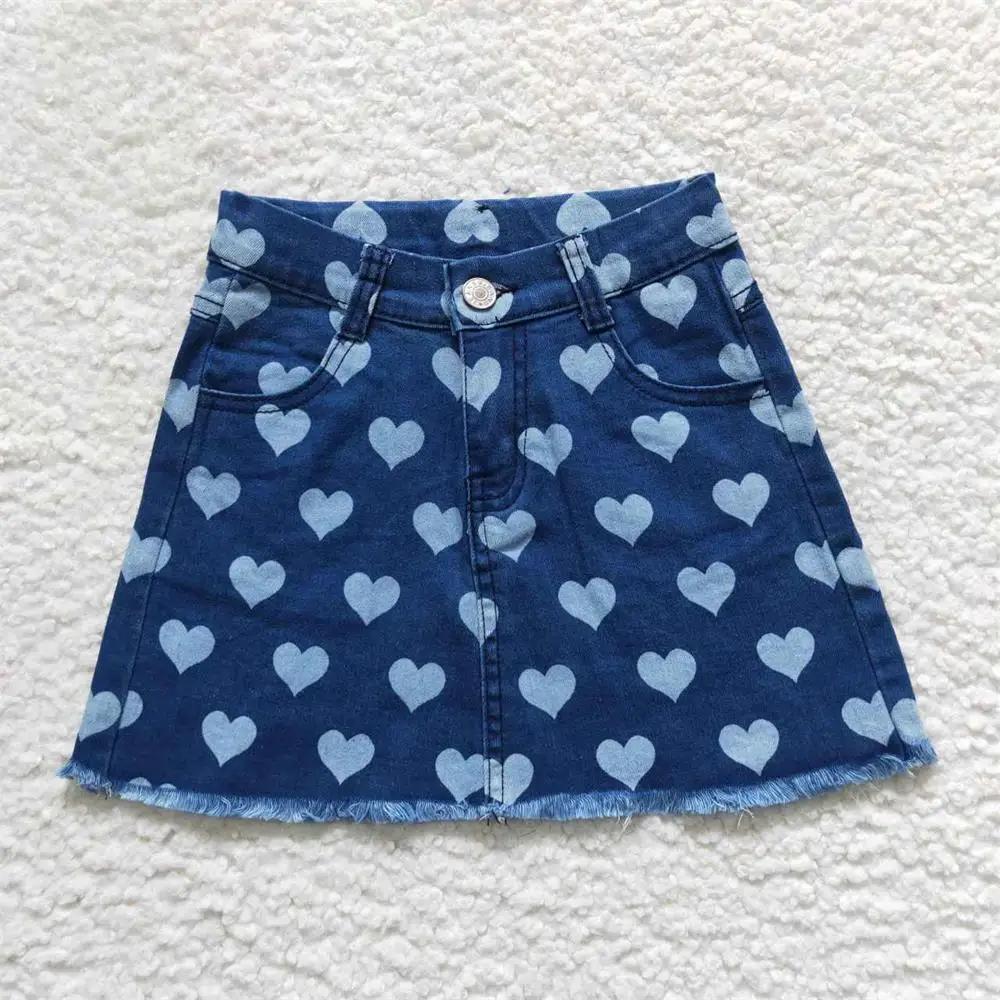 Jupe jean à poches pour enfants, élastique, réglable, amour, bébé fille, été, fermeture éclair, bleu