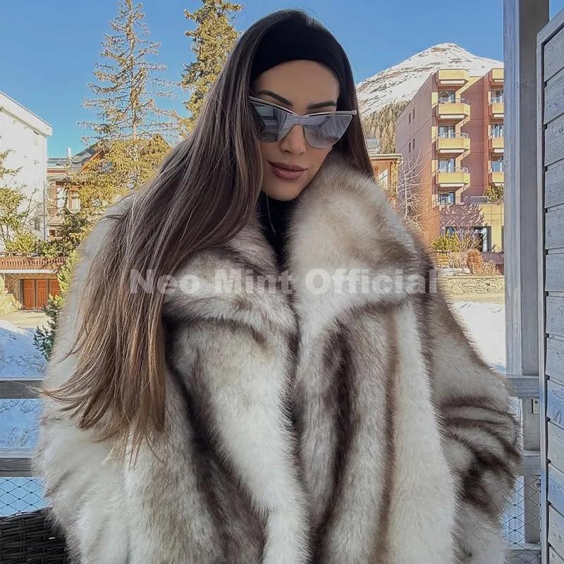 Neo Mint 2025 hiver exclusif rayé fausse fourrure veste femmes pardessus marque blogueur mode moelle