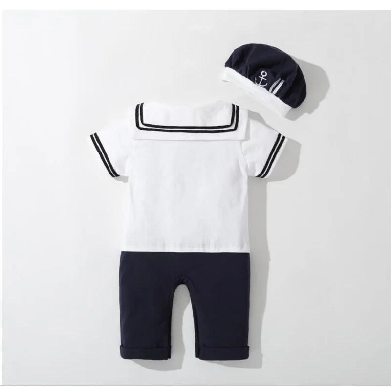 Barboteuse d'été pour bébés garçons et filles, combinaison de marin, chapeau, 2 pièces, Body manches