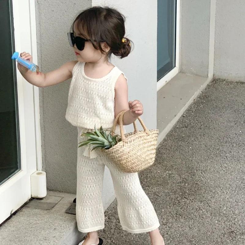 Ensemble de vêtements d'été pour filles, tricoté fin coréen, gilet ajouré et respirant + pantalon à 
