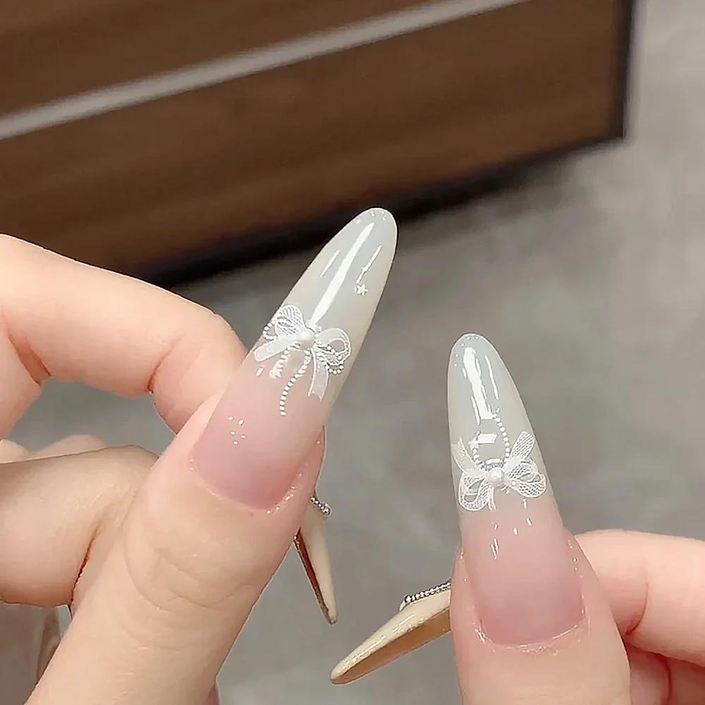 1 pièces 5D blanc dentelle nœud papillon Nail Art autocollant doux perle arc ruban auto-adhésif ongl
