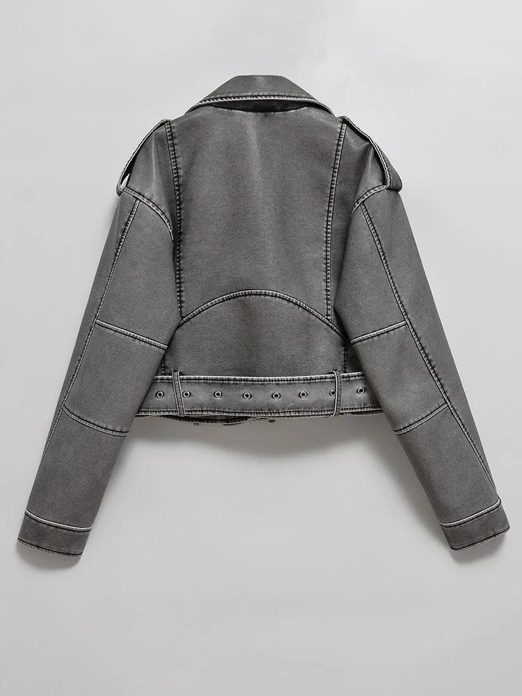 Ailegogo femmes Vintage ample lavé Faux cuir veste courte Streetwear femme fermeture éclair ceinture