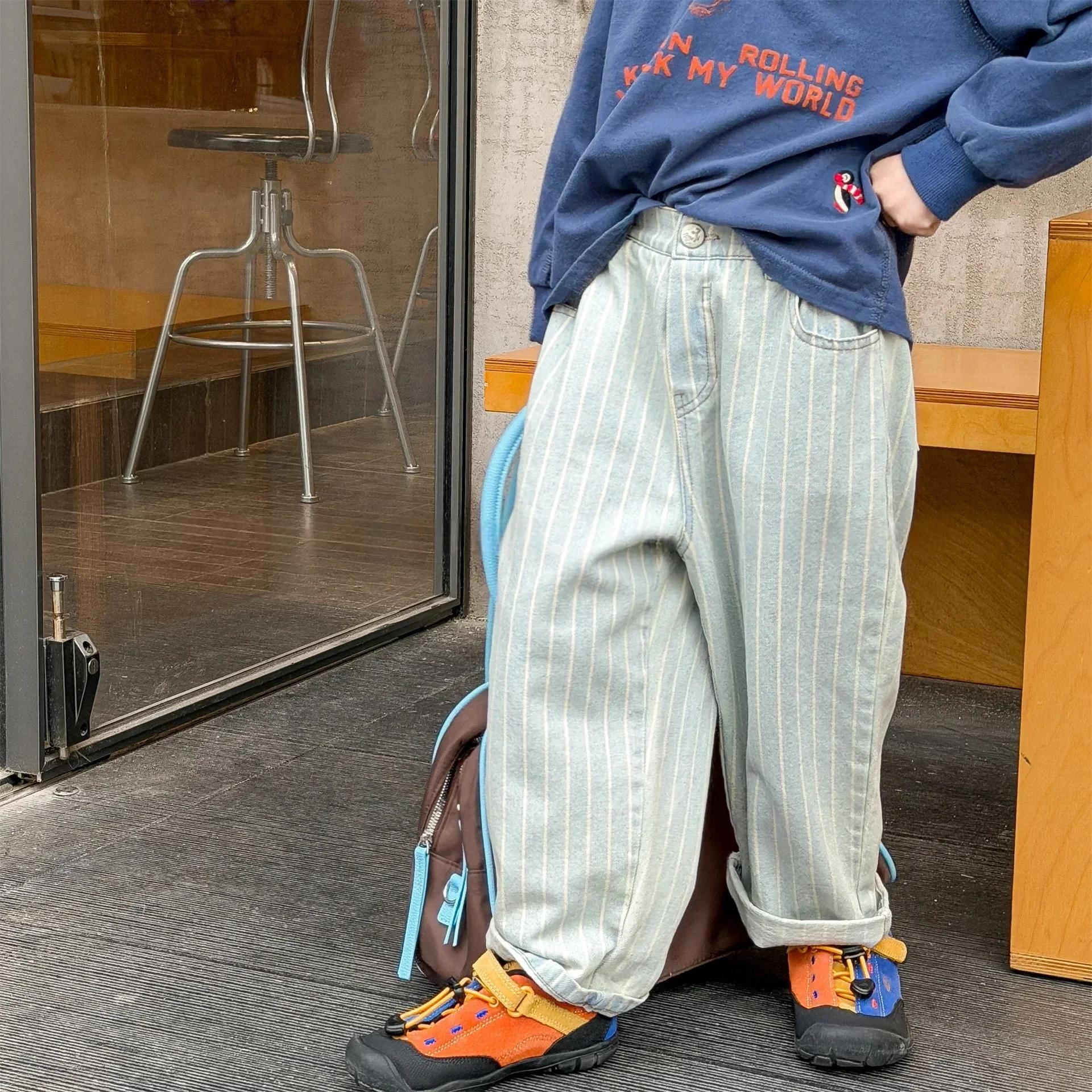 Jean rayé en Denim extensible doux pour enfants, pantalon à poignets enroulables à taille élastique 