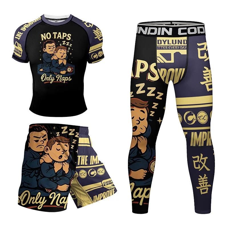 Nouveau MMA Compression Jiu Jitsu BJJ Rashguard hommes T-Shirt + pantalon en Nylon Kickboxing Sports