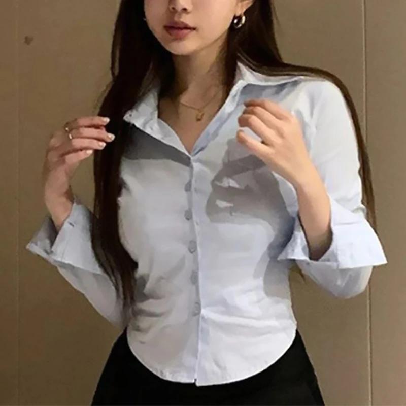Coréen blanc bureau femmes chemise en mousseline de soie poche bouton revers dames Blouse printemps 
