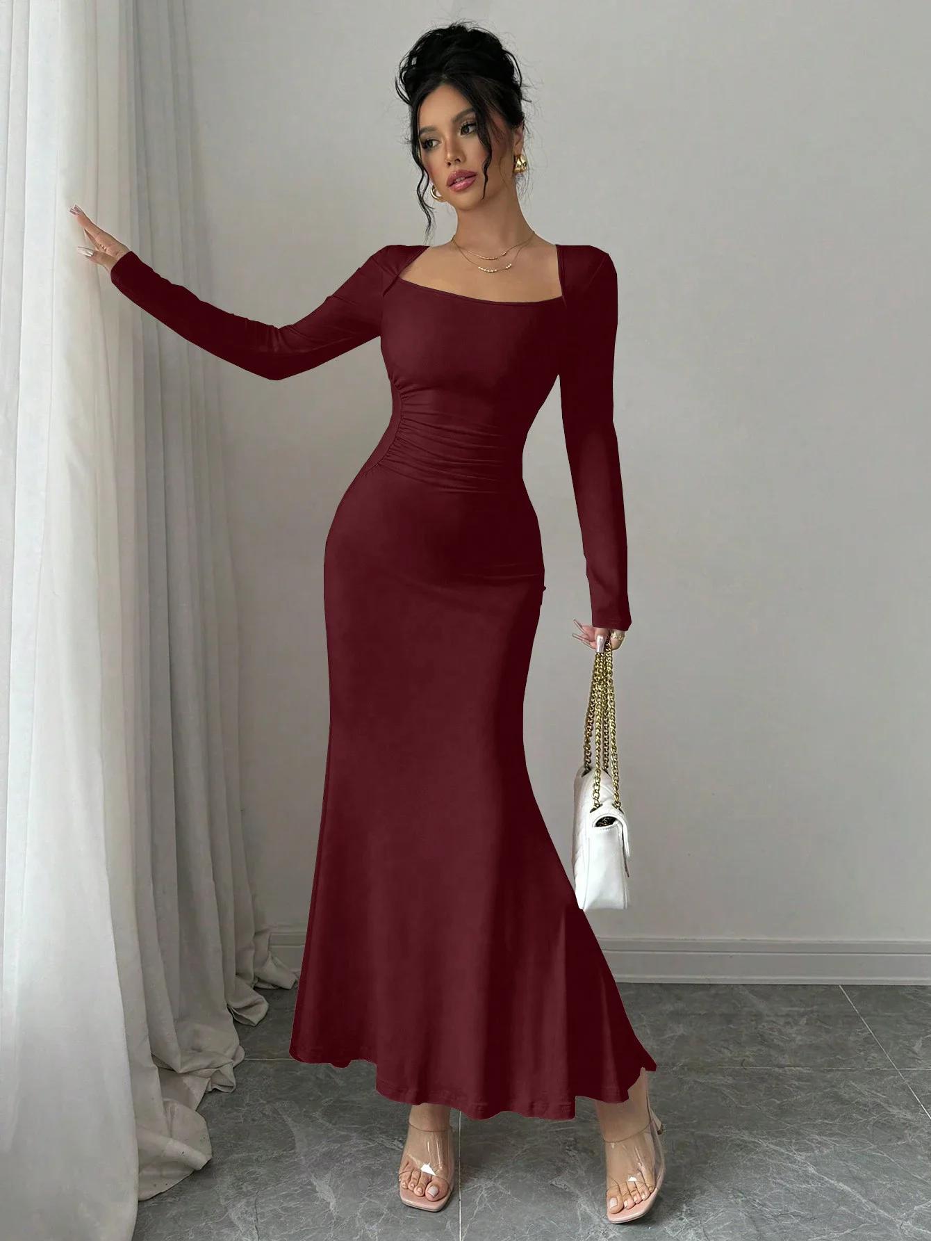 Robe quatre saisons pour femmes, nouveau Style, tempérament élégant, rétro, couleur unie, col carré,