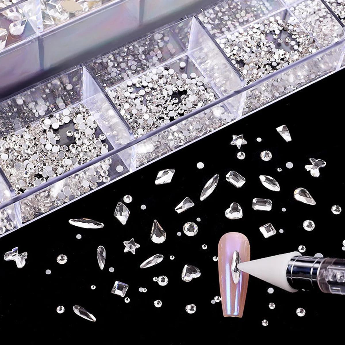 Boîte à strass à 21 grilles, mélange de diamants pour ongles, verre plat en forme de diamant, bricol