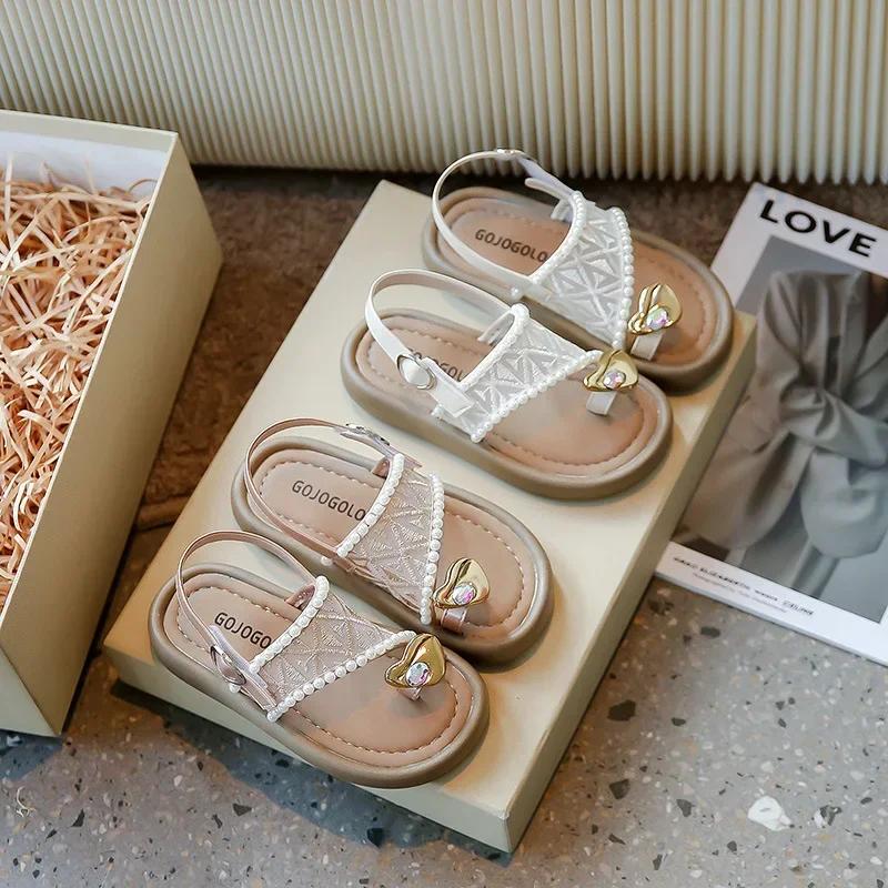 2025 été nouveaux enfants princesse perle Cool pantoufles pour fille anti-dérapant plage sandales or