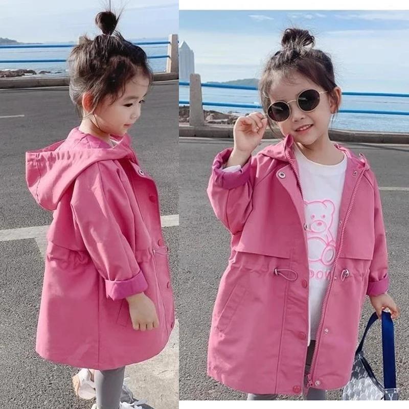 Veste coupe-vent à capuche rétractable pour filles, style long, collection printemps-automne, très v