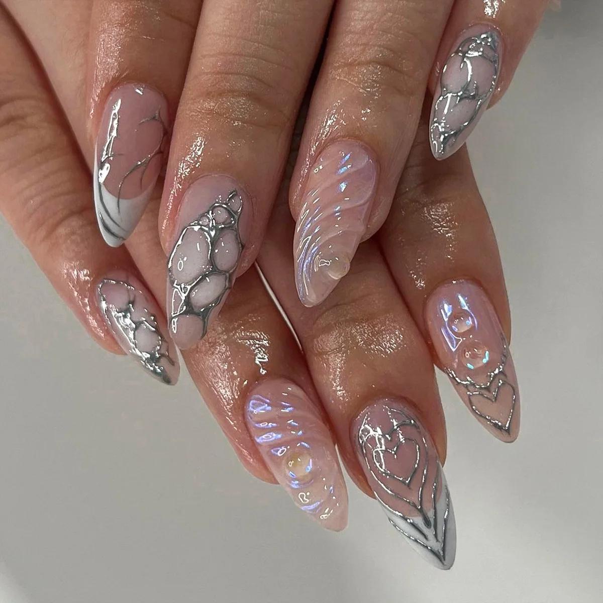 Faux ongles français longs à pression en amande, avec nœud rose, Design floral portable, manucure ov