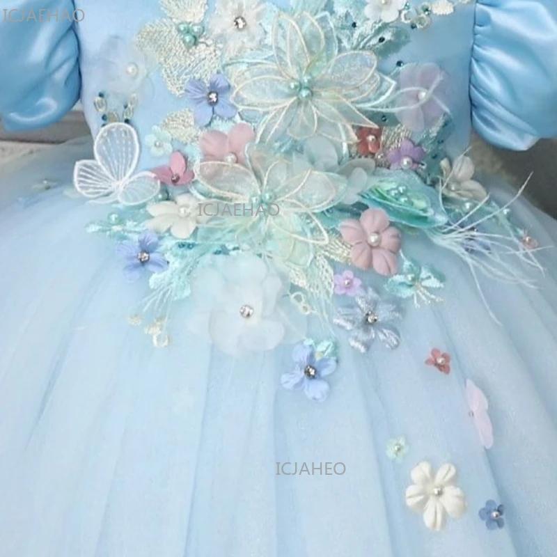 Nouvelle Robe de Princesse Bleue en Satin à Manches Bulles pour Enfants 2026 – Robe Bouffante pour A