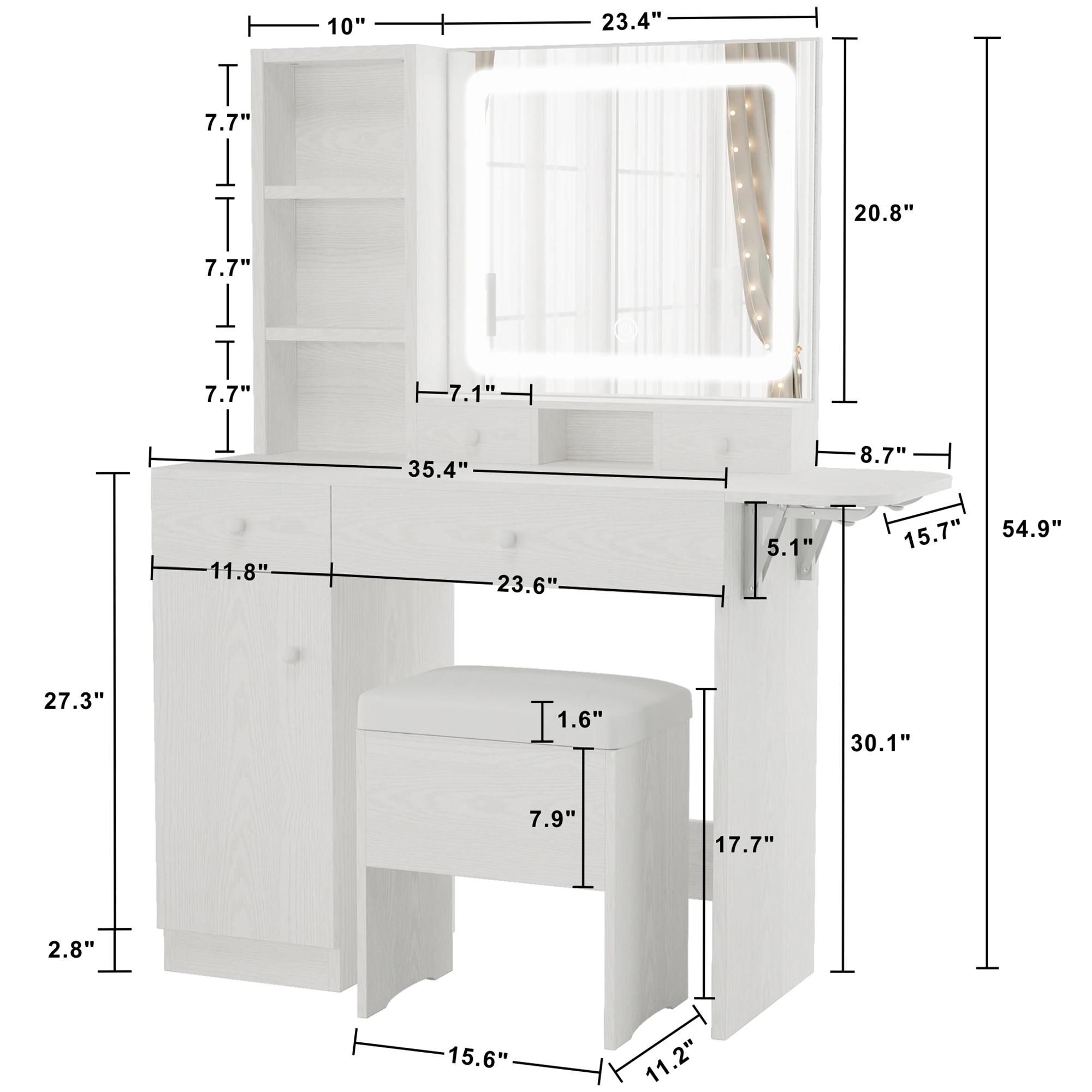 LIKIMIO-Bureau de courtoisie avec miroir 4.2 par LED, prise de courant et armoire, tabouret de range